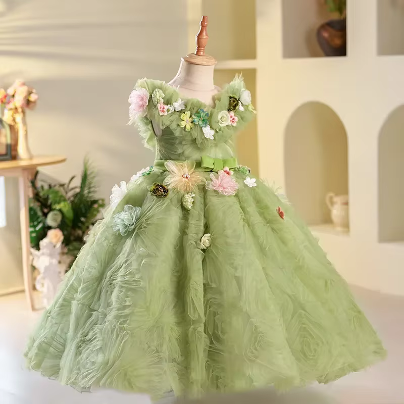 Robe de princesse à fleurs vertes pour enfants, robes d'été élégantes pour fête d'anniversaire, Cost
