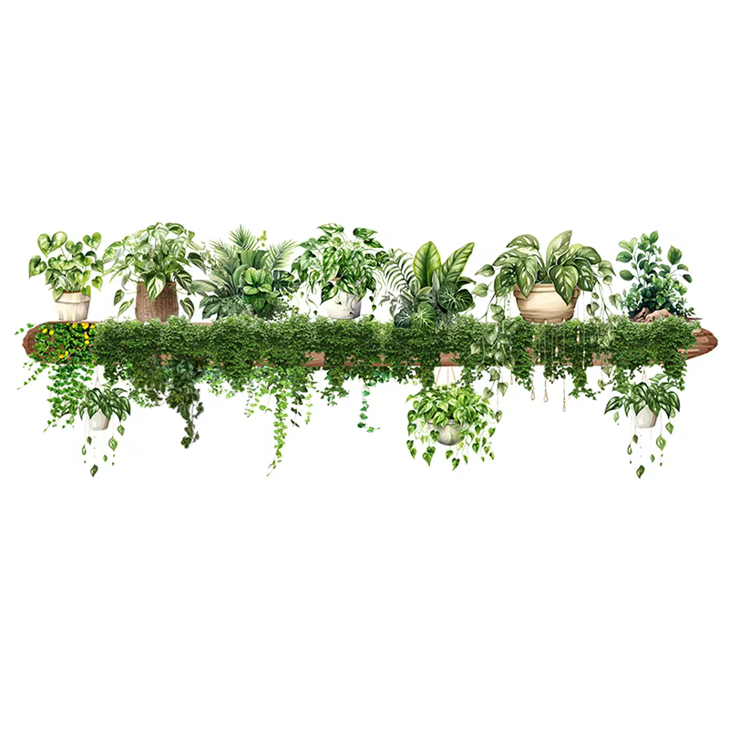 Autocollants muraux de décoration de plante verte, feuilles d'aneth vertes, panier suspendu, autocol