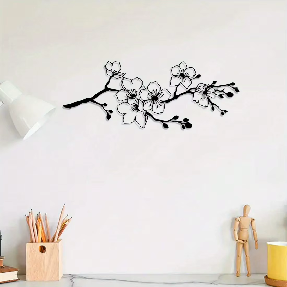 Art mural de fleurs, décor en fer de fleur de cerisier noir, décoration murale moderne en métal pour