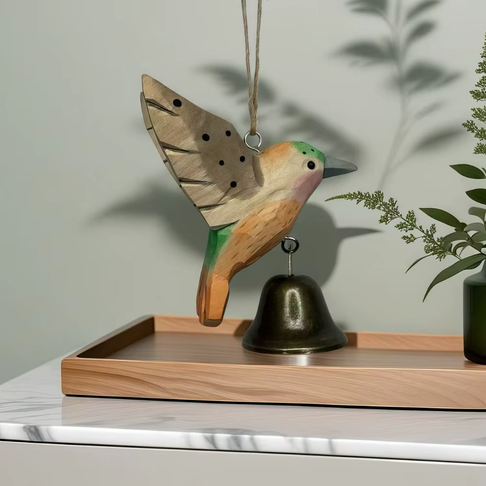 Figurine d'oiseau colibri sculptée à la main en bois, sculpture d'oiseau volant avec son apaisant et