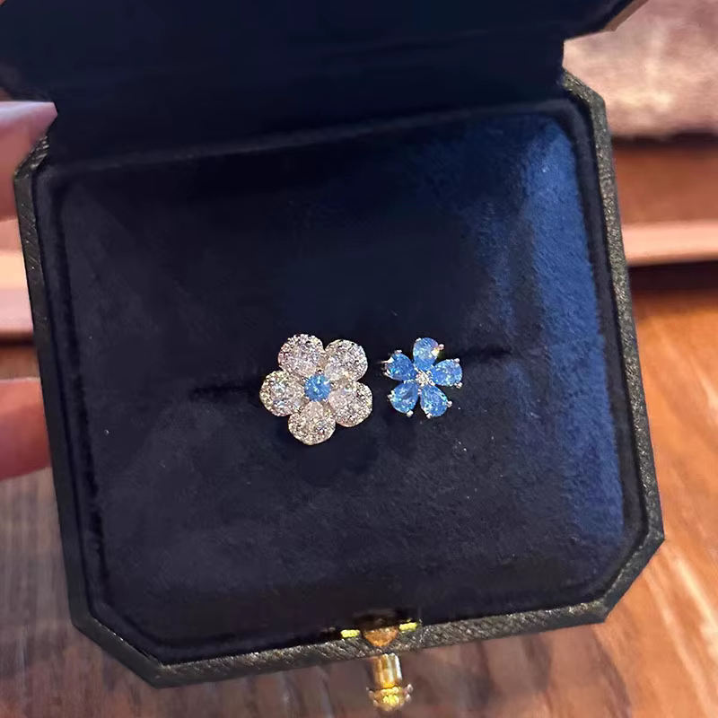 Bague en diamant bleu scintillant pour femmes, Double fleur, à la mode, deux tons, bagues fraîches e