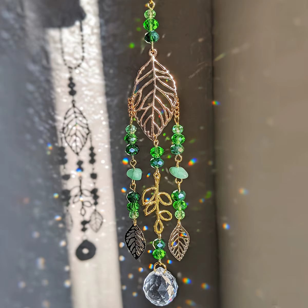 Attrape-soleil en cristal avec feuille d'or et perles vertes, boule prismatique suspendue, créateur 