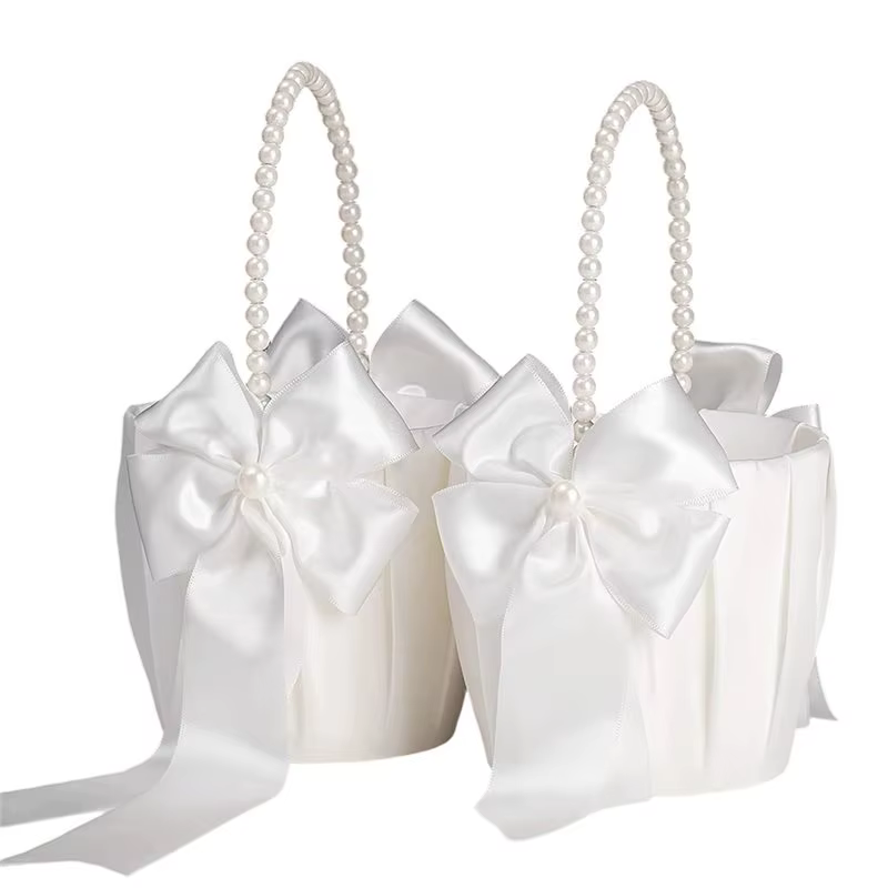 Panier à fleurs pour demoiselles d'honneur BSEVB avec nœud en satin et poignée en perles, paniers de