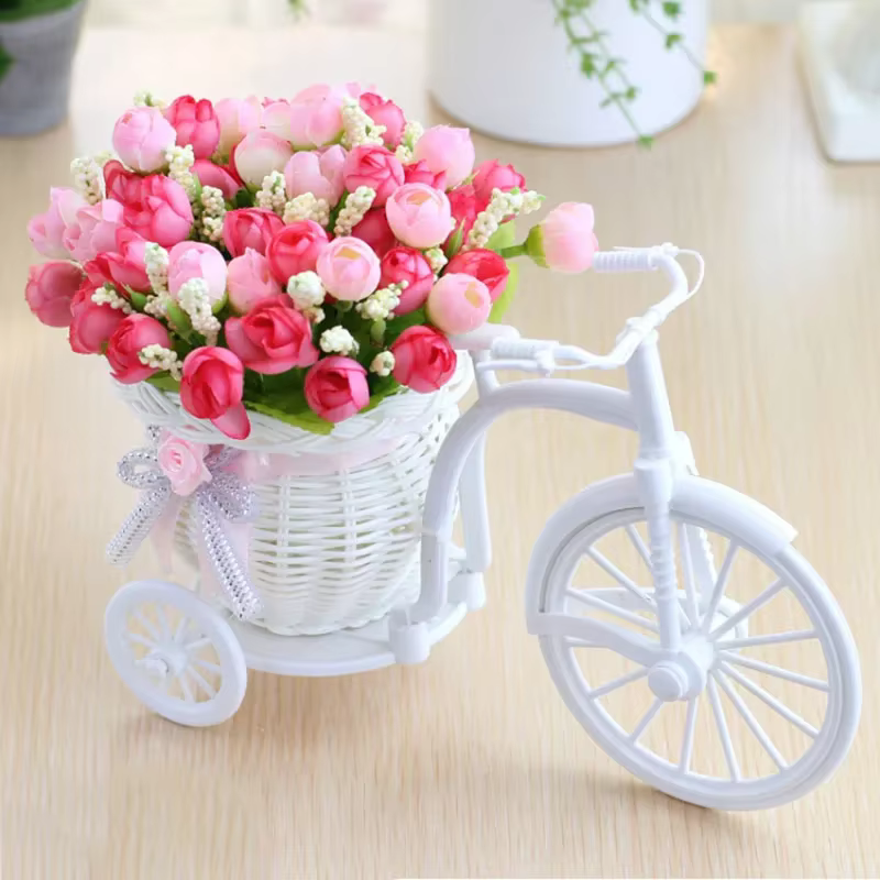 Fleurs artificielles Roses en soie rotin vélo Vase en plastique vélo bureau décoratif Rose bonsaï pl