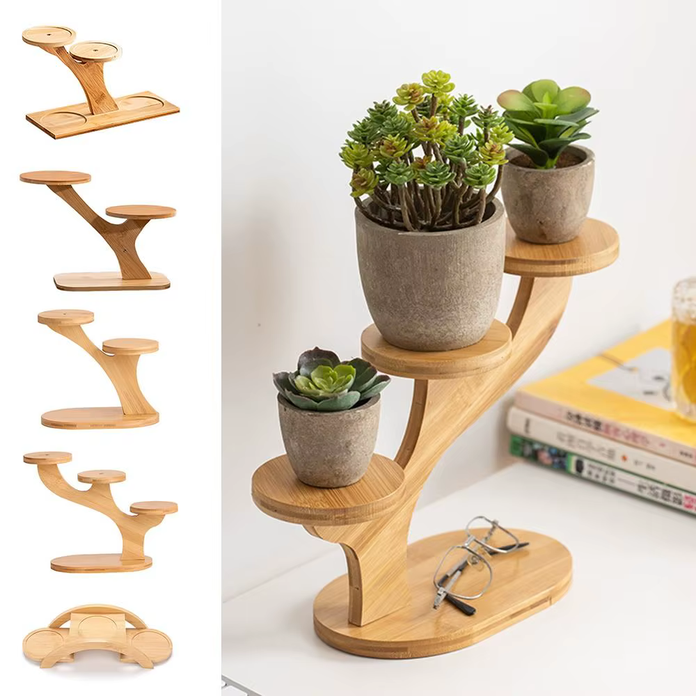 Pot de Fleurs en Bois de Bambou, Support de Plantes Multicouches, Succulentes, Bonsaï, Ornement de B