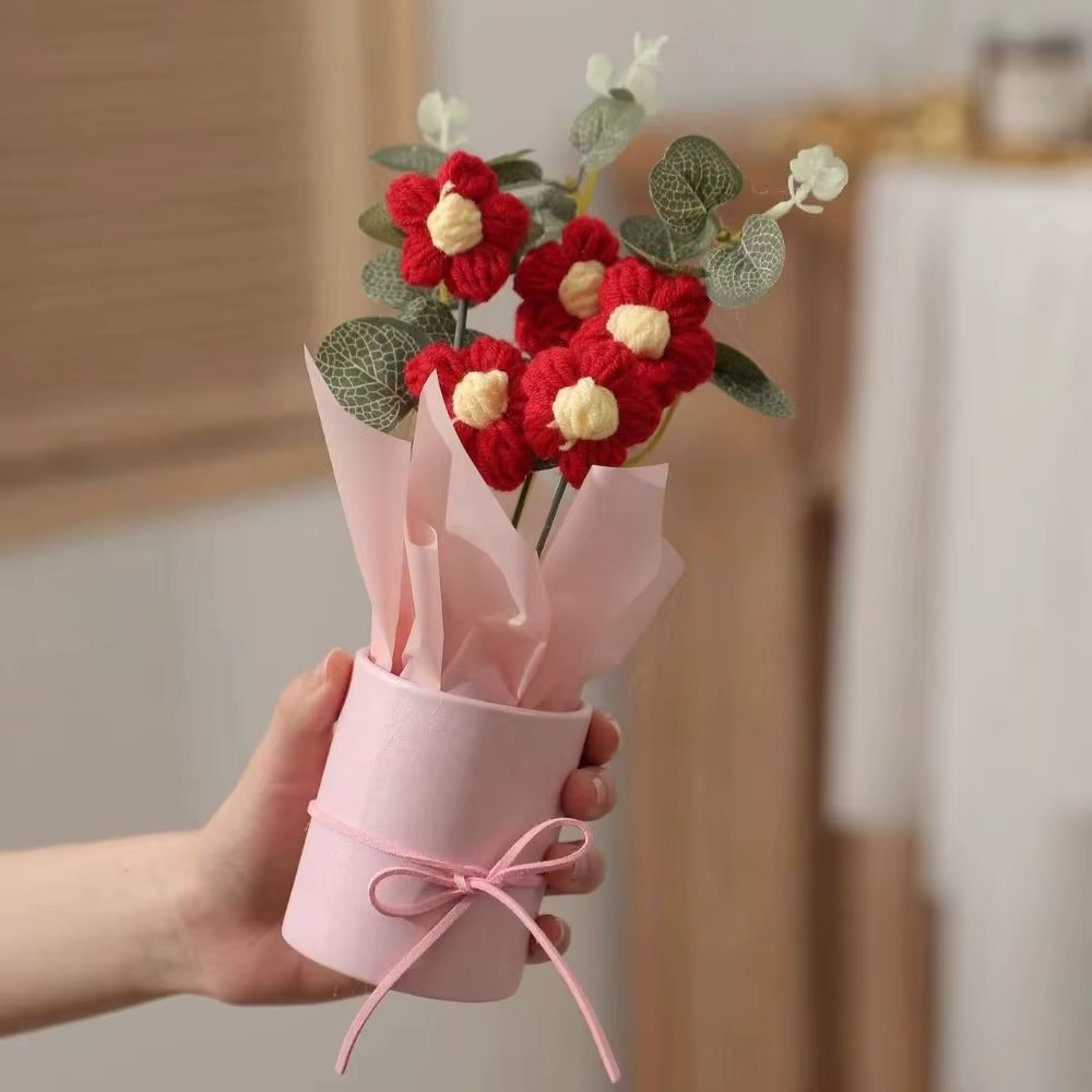 Fleurs en crochet tricotées colorées avec pot, plante artificielle tissée à la main, fleur simulée, 