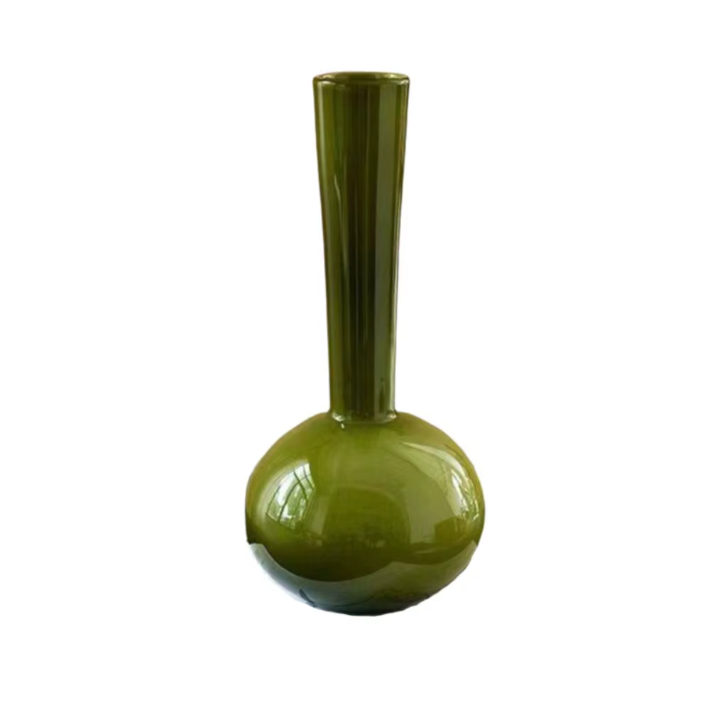 Vase en verre vert olive de style vintage français, vase de luxe pour fleurs séchées, col de cygne, 