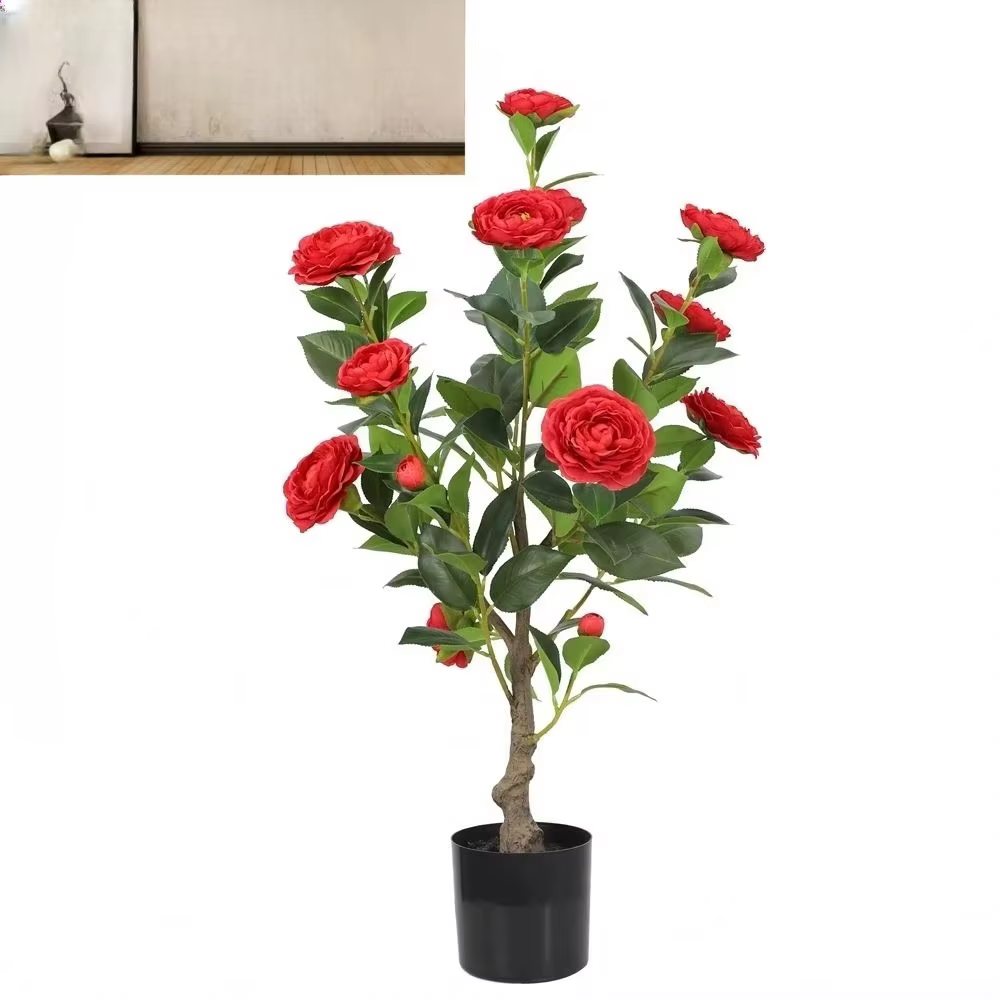 Arbre de camélia artificiel simulé en soie rouge | Décorations de fenêtre de jardin et de magasin