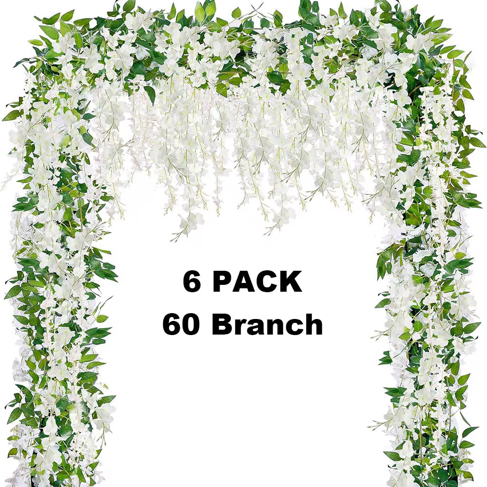 Guirlande de fleurs suspendues de glycine blanche, 6 paquets, guirlande de vigne artificielle en soi