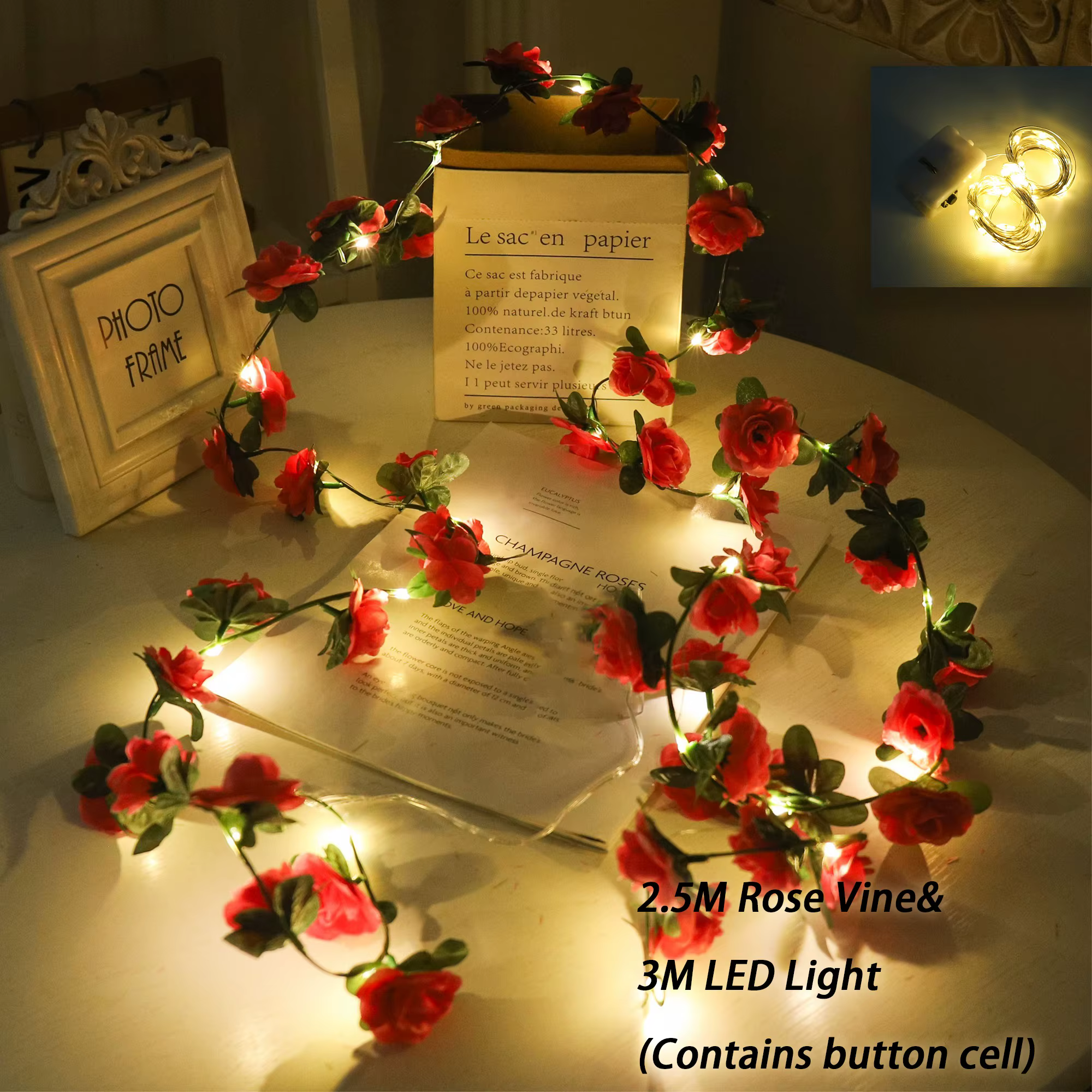 Rose LED lumières chaîne fleurs artificielles feuilles de lierre guirlande de mariage maison chambre