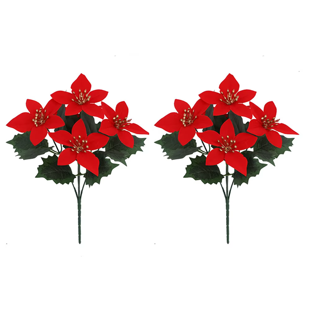 Bouquet de Poinsettia artificiel, 2 pièces, 5 têtes, fleurs de noël, porche, maison, jardin, intérie