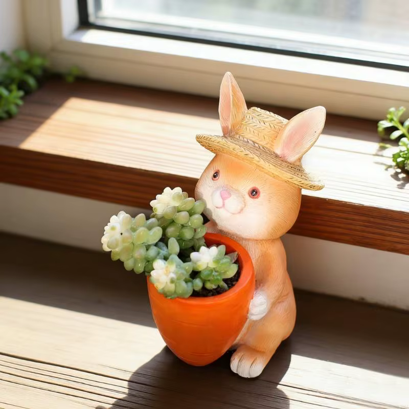Jardinière en résine 87HA, Adorable lapin tenant une carotte, Pot fleur, conteneur parfait pour les 
