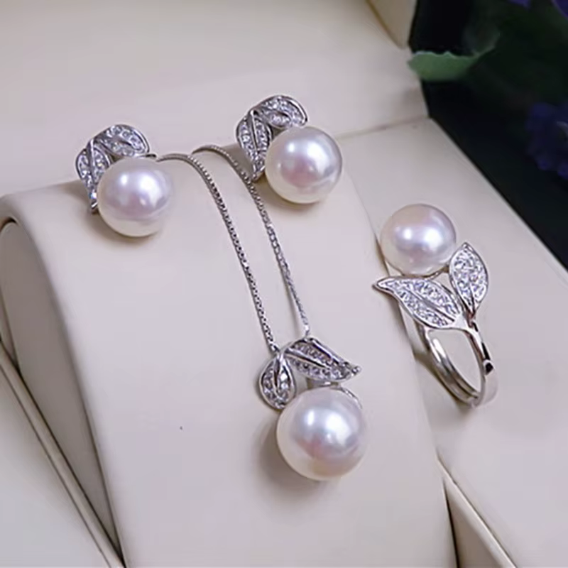 Véritable perle bague collier boucles d'oreilles pour les femmes, naturel d'eau douce blanc perle en
