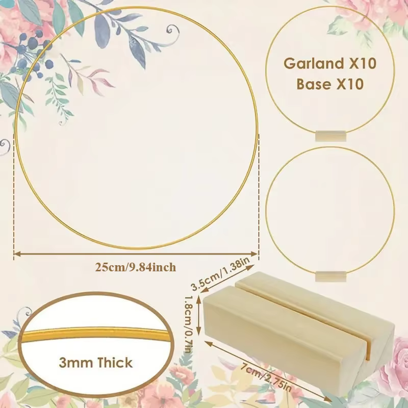 10 cerceaux floraux ronds en métal de 25 cm avec bases en bois pour décoration de table de mariage,