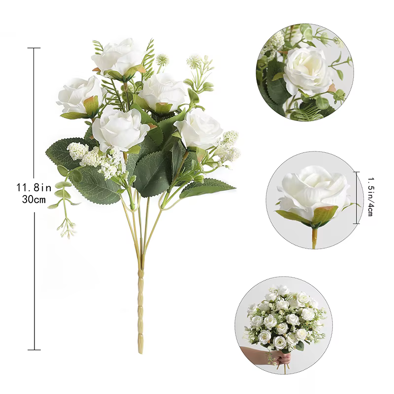 Bouquet de pivoines artificielles en soie blanche, 30cm, 5 grandes têtes, 4 petits bourgeons, décora
