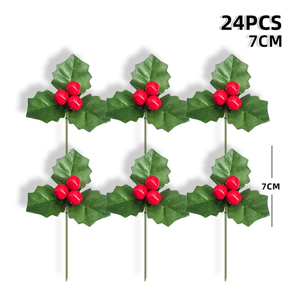 Feuilles de baies rouges de houx artificielles, 24 pièces, pour Bouquets de couronne de noël, bricol