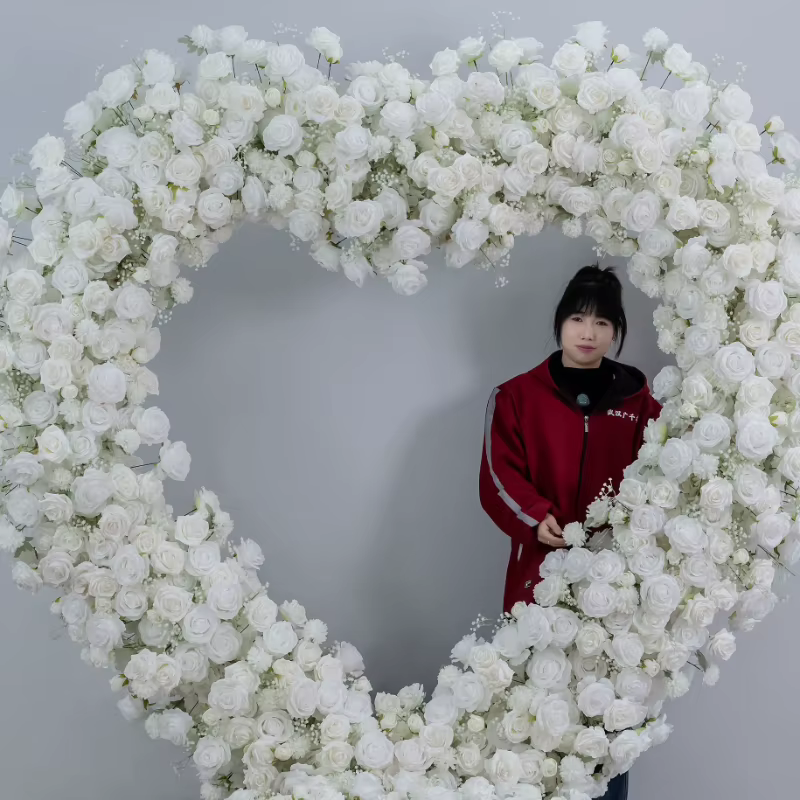 Arche de fleurs artificielles en forme de cœur blanc pour décoration de mariage, arrangement floral