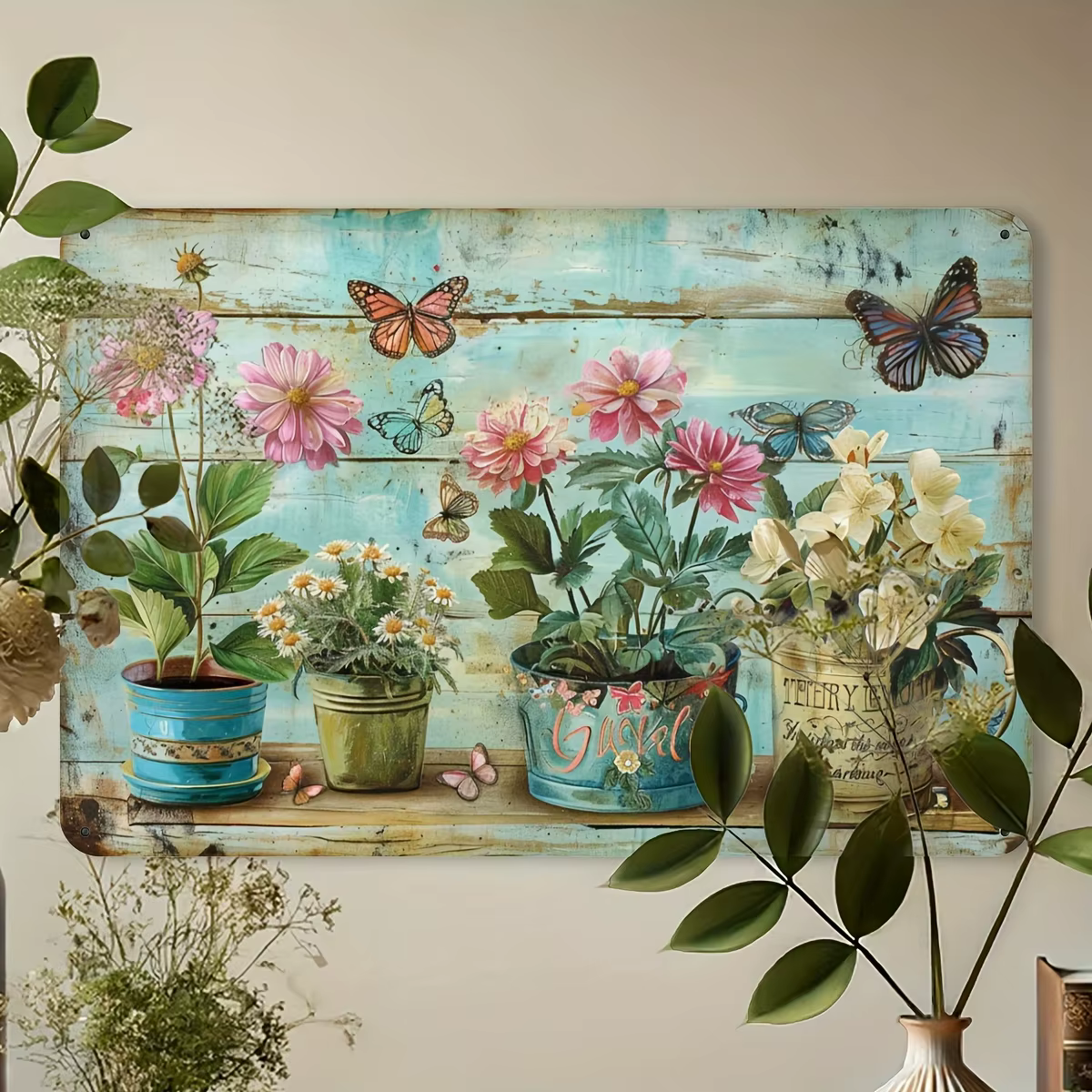 Plaque métallique en étain de jardin floral vintage, adaptée à l'art mural de décoration dans les ma