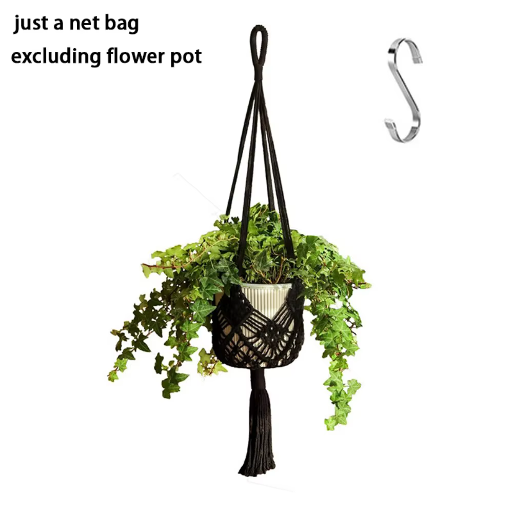 Porte-plante bohème en corde de coton tressée, panier suspendu en macramé avec pochette en filet, po