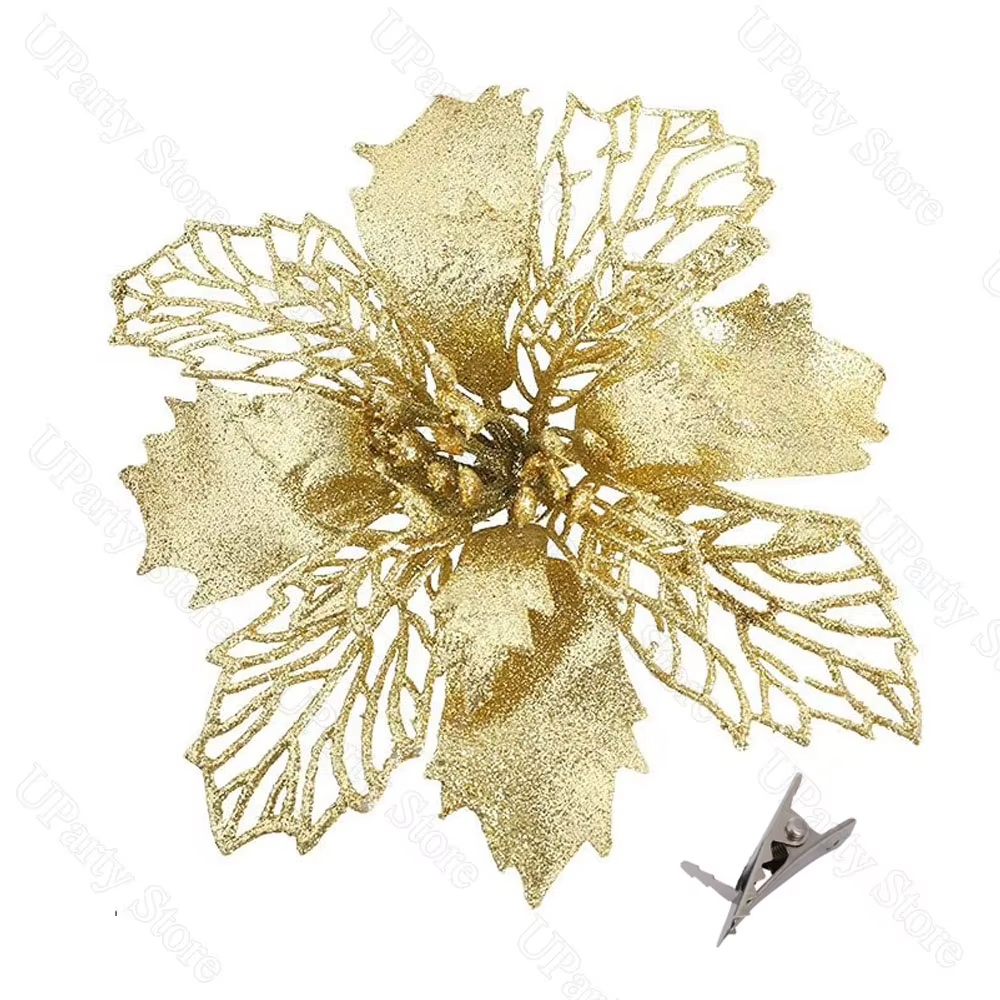 12 pièces Poinsettia fleurs de noël avec Clips paillettes or fleurs de noël artificielles pour décor