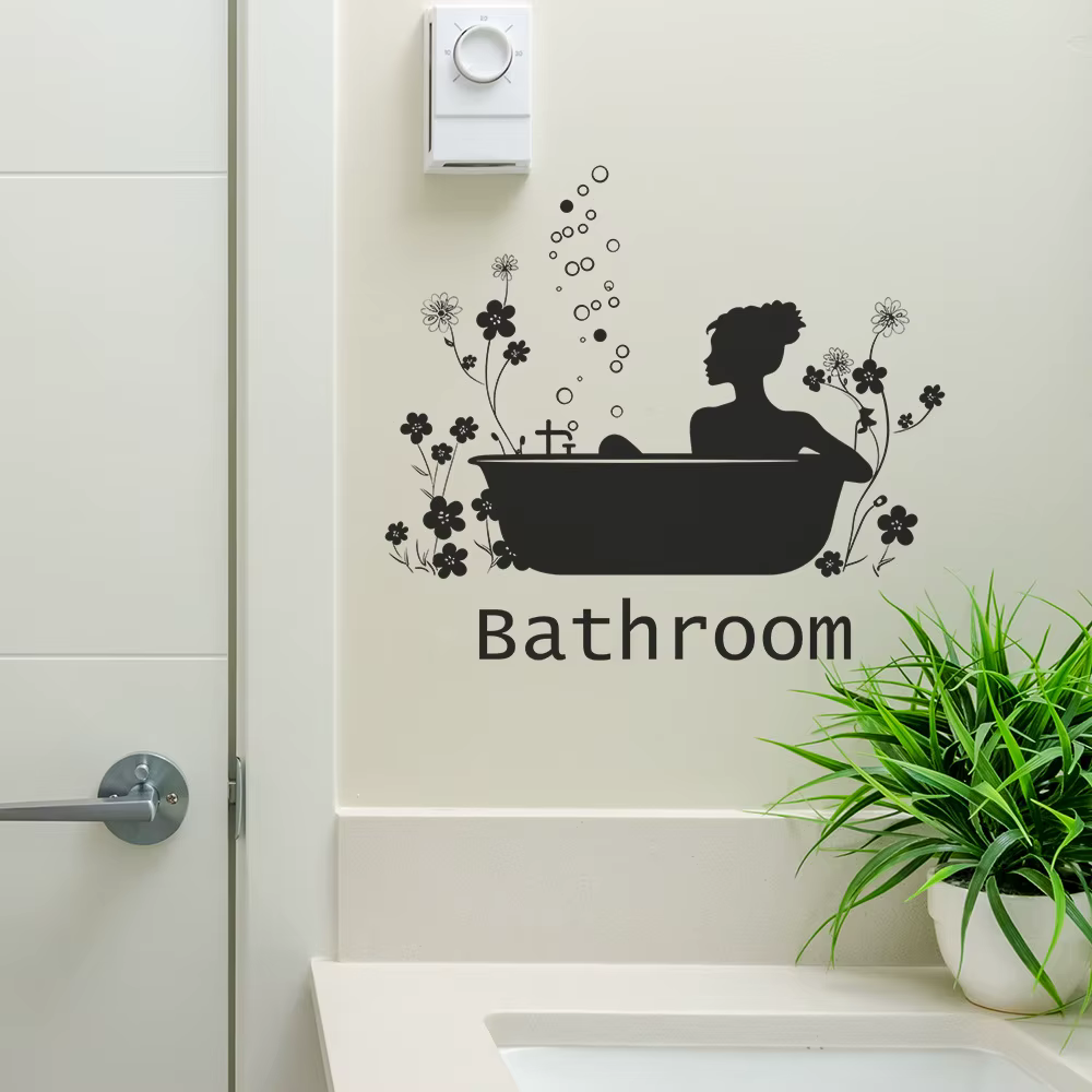 Autocollants muraux à motif de baignoire à fleurs, décoration murale pour salle de toilette, embelli