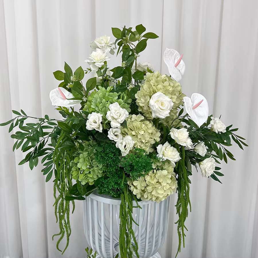 Décor de mariage, rangée de fleurs, centre de Table, Arrangement vert et blanc, arc d'arrière-plan, 