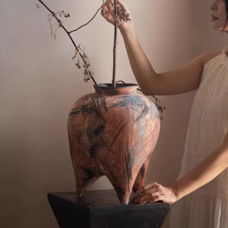 Vase rétro artisanal en poterie brute, style haut de gamme