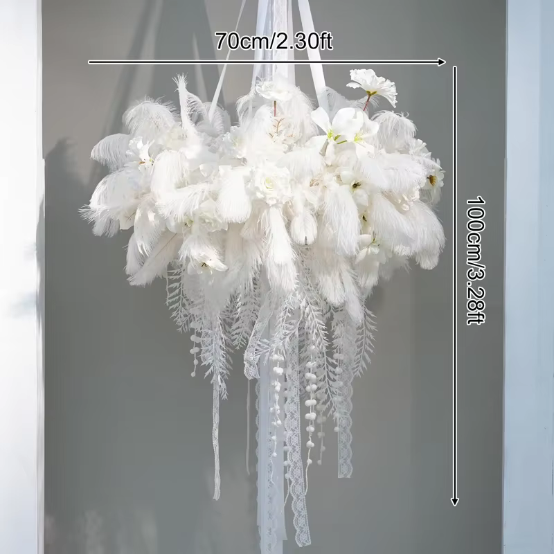 Brume de plumes blanches pures de luxe, décoration d'arrangement Floral de glycine suspendue, arrièr