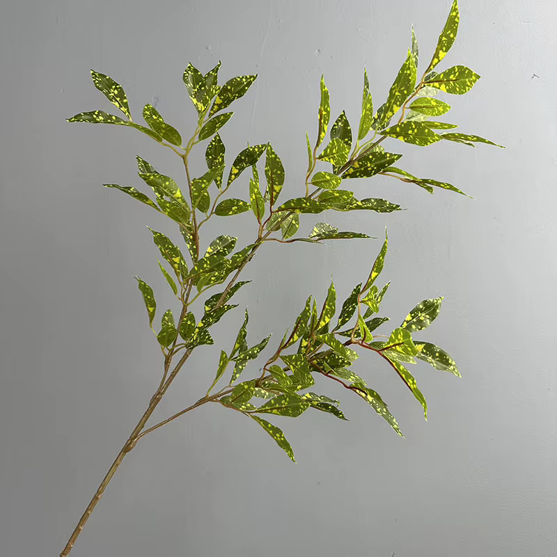 5 pièces de plantes artificielles vertes en bois et plastique, à 3 branches, avec feuilles tachetées