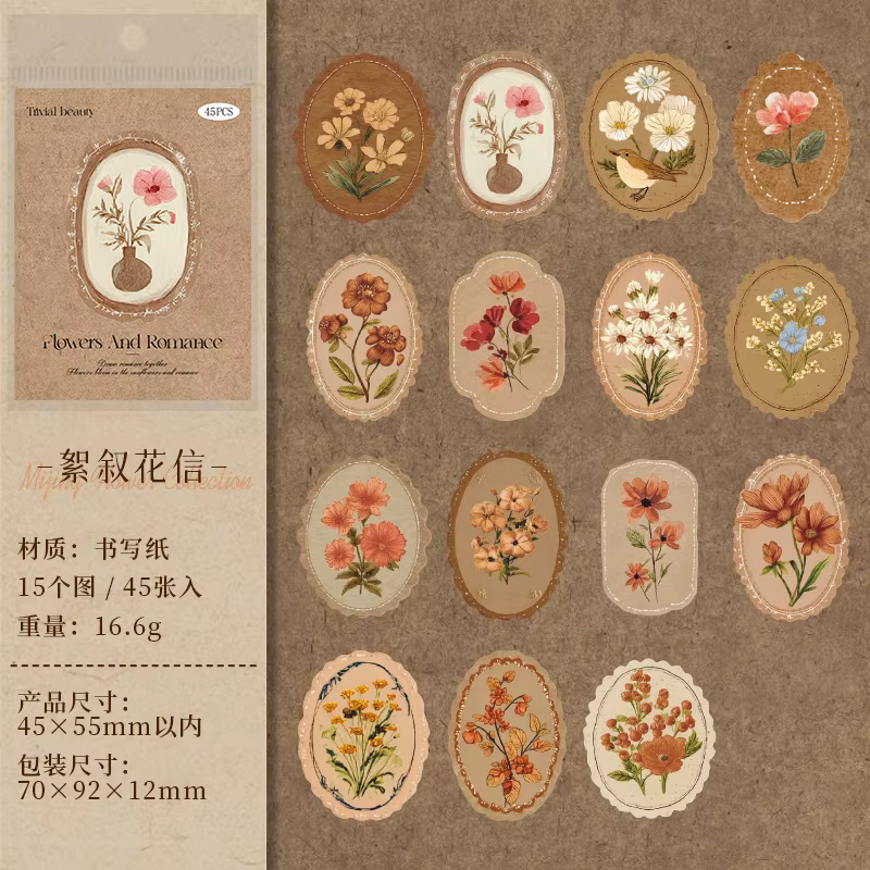 Autocollants en papier de la série Fleurs et Romance, motifs floraux vintage, paysages, autocollants