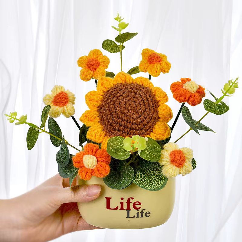 Bouquets de fleurs artificielles en crochet finis, tournesols en pot, décoration pour la maison, la 