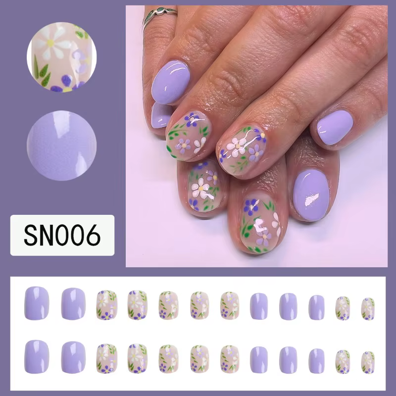 24 faux ongles à presser, motif feuilles vertes et fleurs blanches, courts, carrés ou ronds, en acry