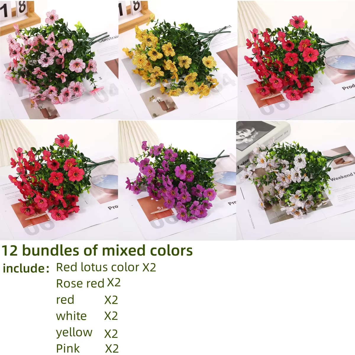 Lot de 12 fleurs de marguerite artificielles résistantes aux UV, couleurs mélangées, buis en fausse