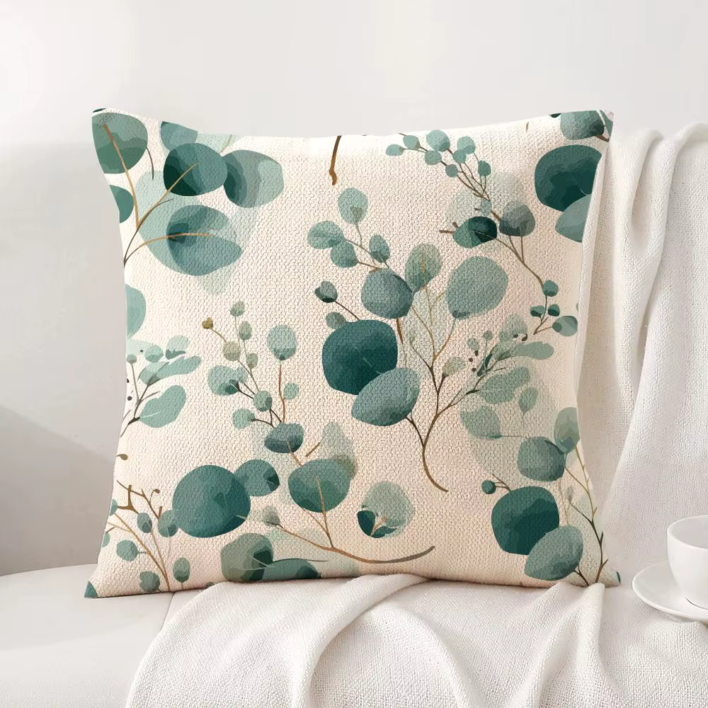 Housse de coussin aquarelle fleurs d'eucalyptus lin naturel tissu organique impression Double face r