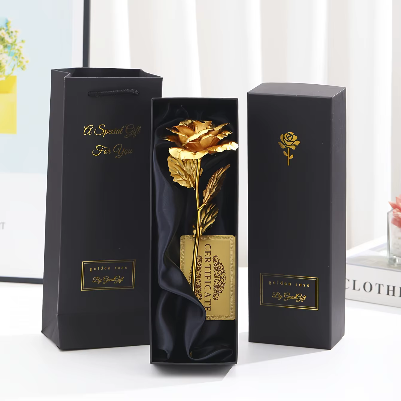 Rose en aluminium avec boîte cadeau et carte – Cadeaux de roses éternelles pour la Saint-Valentin, T