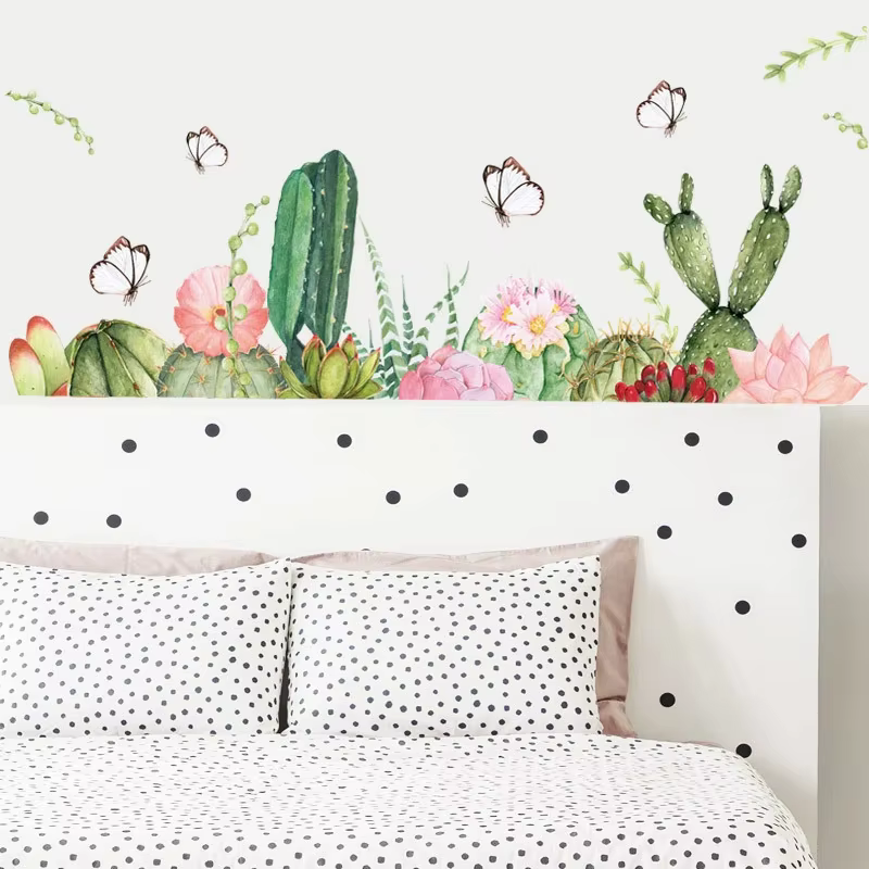Autocollant mural Cactus vert papillon, papier peint amovible fleur salon chambre à coucher