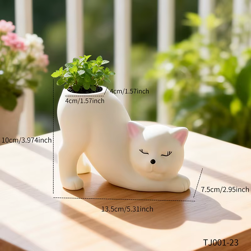 Pot de fleurs fantaisie en résine en forme de chat bouclé, adorable contenant pour cactus et plantes