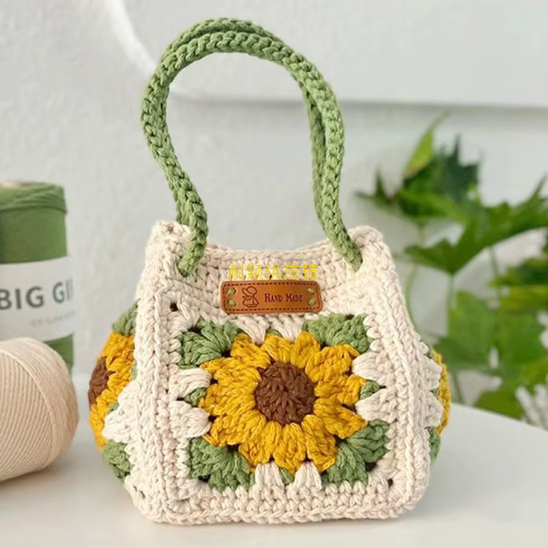 Sac à main tournesol en fil de crochet, panier à légumes tissé à la main, petit sac carré, sac matér