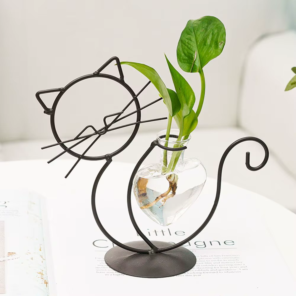 Vase à fleurs hydroponique en forme de cœur, pot simple, art créatif en fer, amour, chat, maison, sa