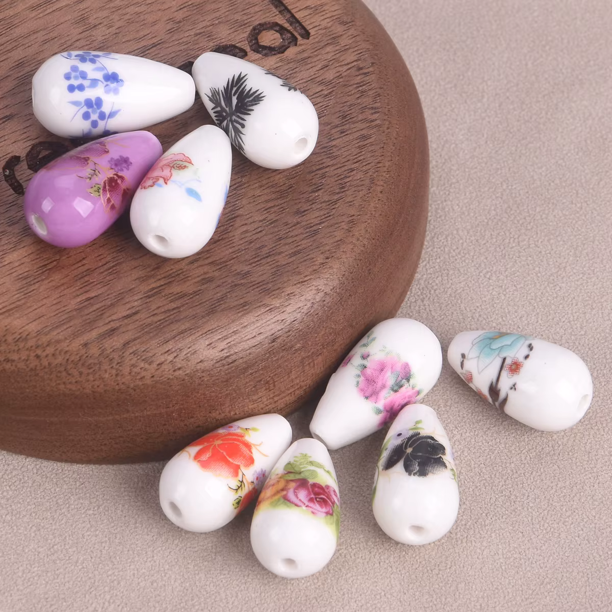 Perles en céramique et porcelaine en forme de goutte d'eau, motifs floraux, 20x10mm, 10 pièces, pour