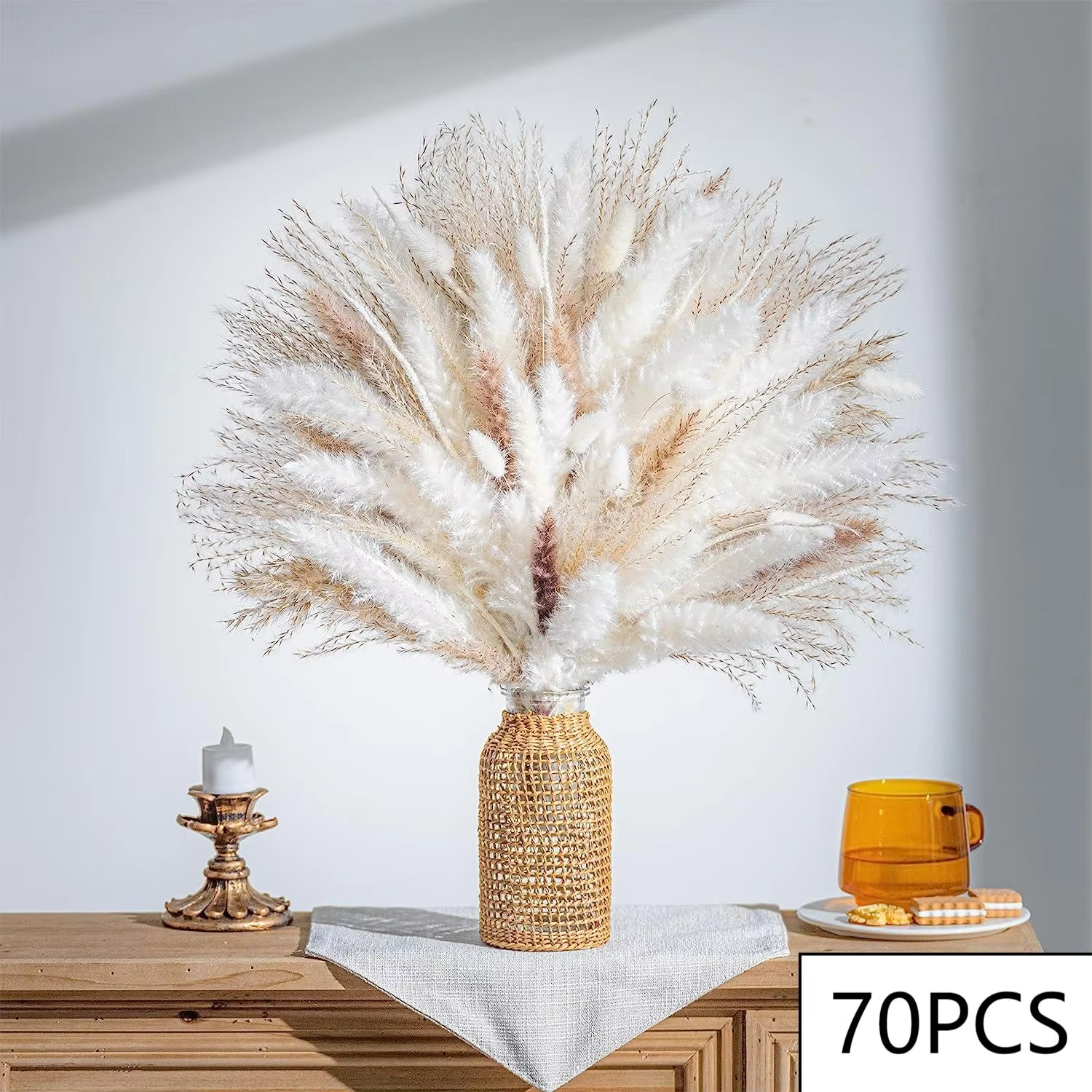 Bouquet de Fleurs vaccées de Pampas Blanche, Décor de Vase de Maison Boho, PhLeurs mites Naturels, P