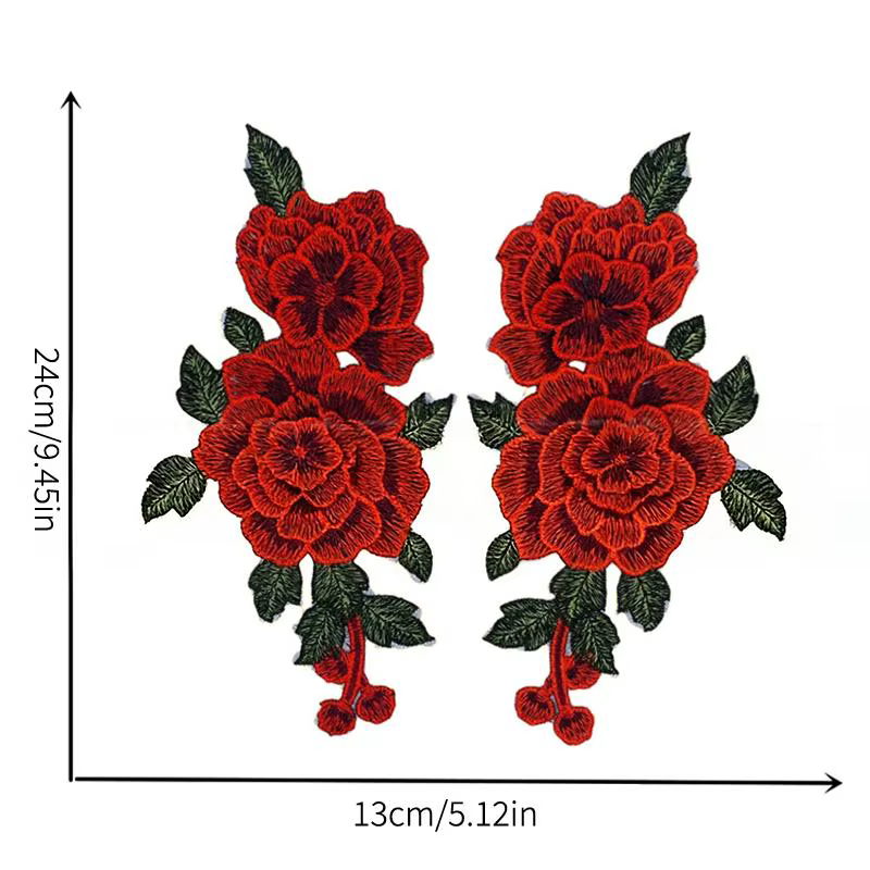 Patch brodé de fleurs 3D 24x13CM Rouge Élégant Applique pour Robes Décoration Couture DIY Artisanat