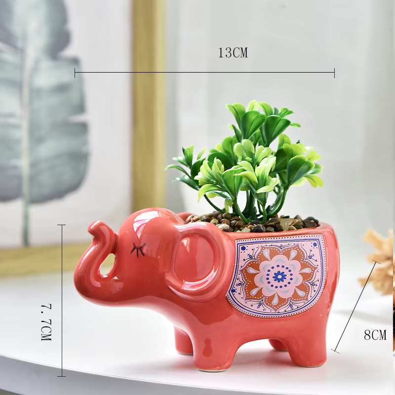 Pot de fleurs créatif en céramique en forme d'éléphant pour plantes succulentes avec trou de drainag