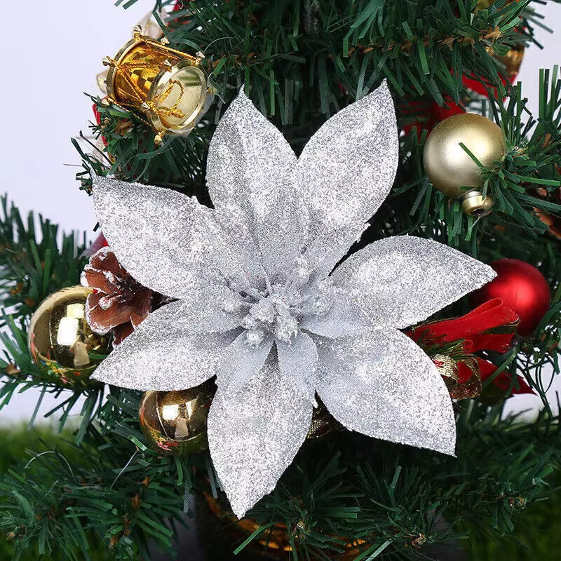 1 pièce de noël Poinsettia paillettes fleur arbre de noël rouge blanc rose vert tête de fleur suspen