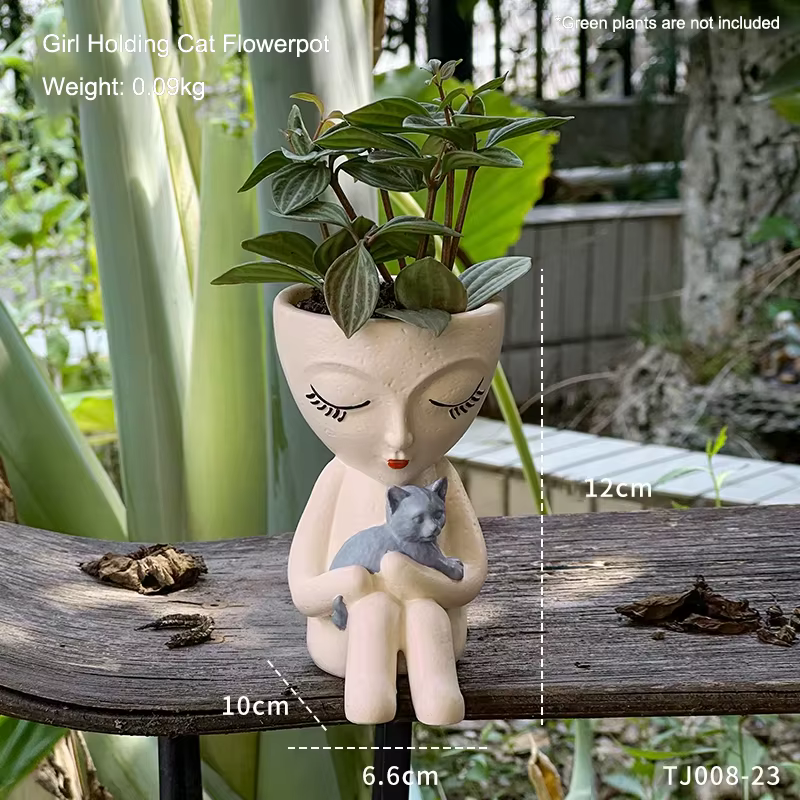Pot de fleurs créatif en forme de fille assise tenant un chat, pour plantes succulentes, décoration 