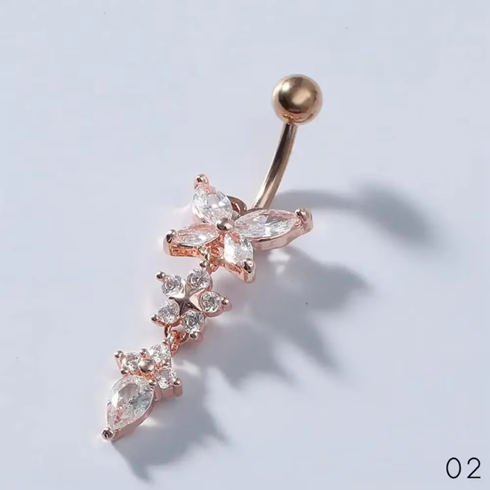 Magnifique Piercing de nombril, bijoux de corps, mode brillant papillon fleur Zircon pendentif en ac