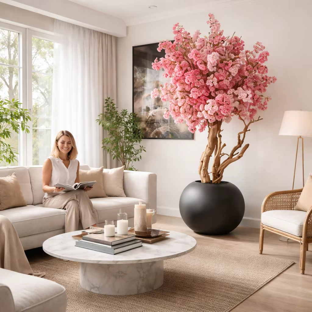 Arbre artificiel de cerisier blanc en fleurs, grand arbre en pot de type Sakura pour la décoration d