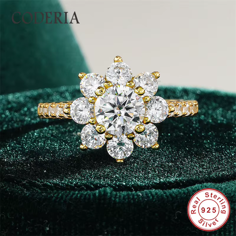 Bagues rondes en argent S925 tournesol, couleur D 1CT VVS1 3EX, bague Moissanite plaquée avec bande