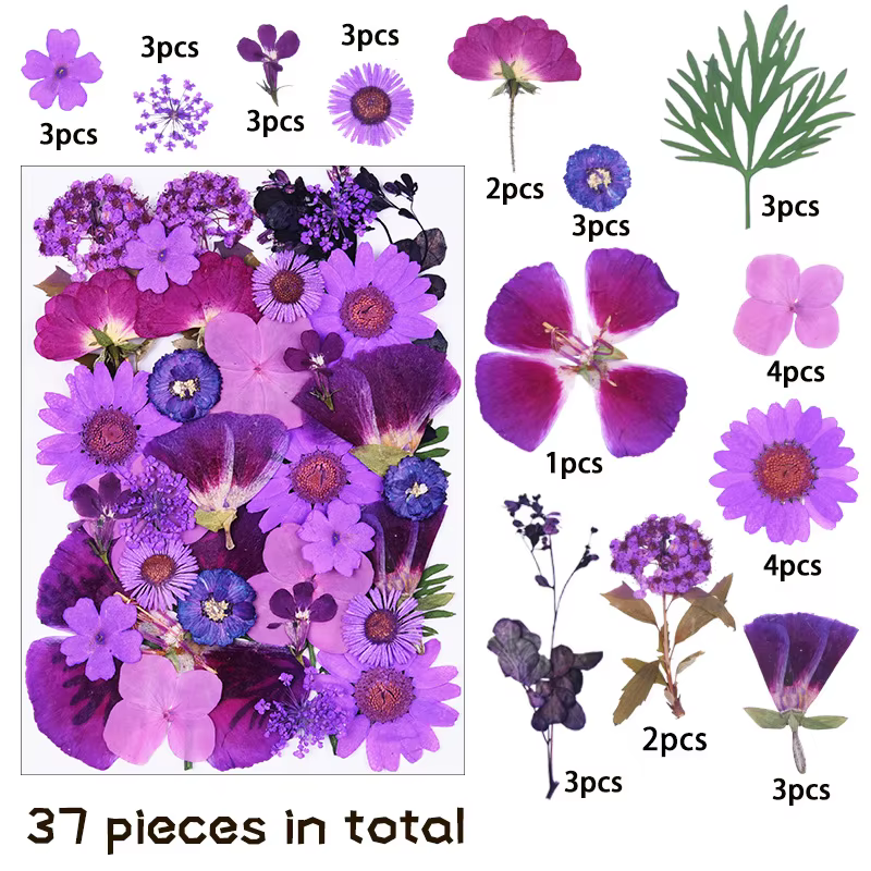 1 paquet de 34 à 40 fleurs séchées, autocollants de fleurs pressées pour la fabrication de bijoux, a