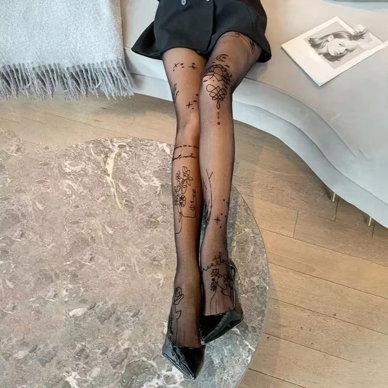 Collants Sexy pour femmes, avec tatouages à motifs, Inscriptions de fleurs, lettres, bas noirs fins 